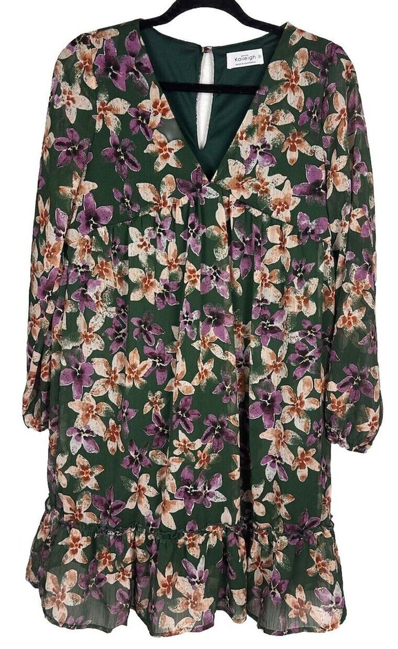 Kaileigh Women’s Green Floral V-Neck Dress Lined Peplum Ruffle Sheer Flowy Small